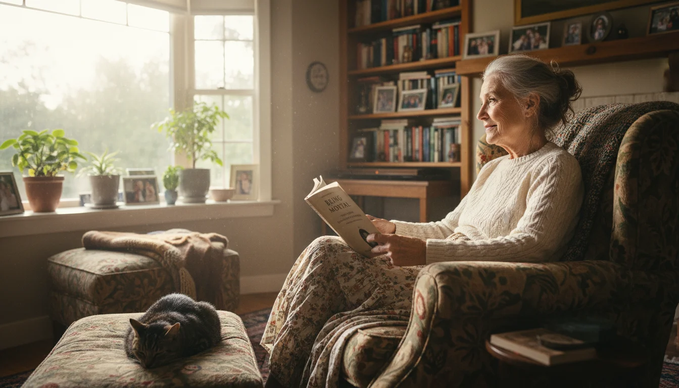Older woman (late 70s) sits in a sunlit armchair with 