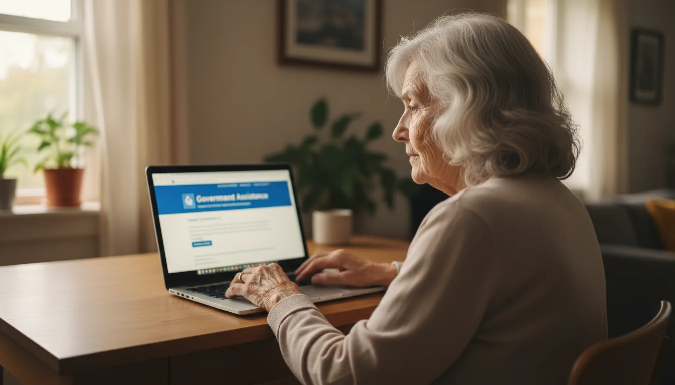 An older woman, late 70s, sits at a wooden desk, looking intently at a laptop screen displaying a government assistance website.