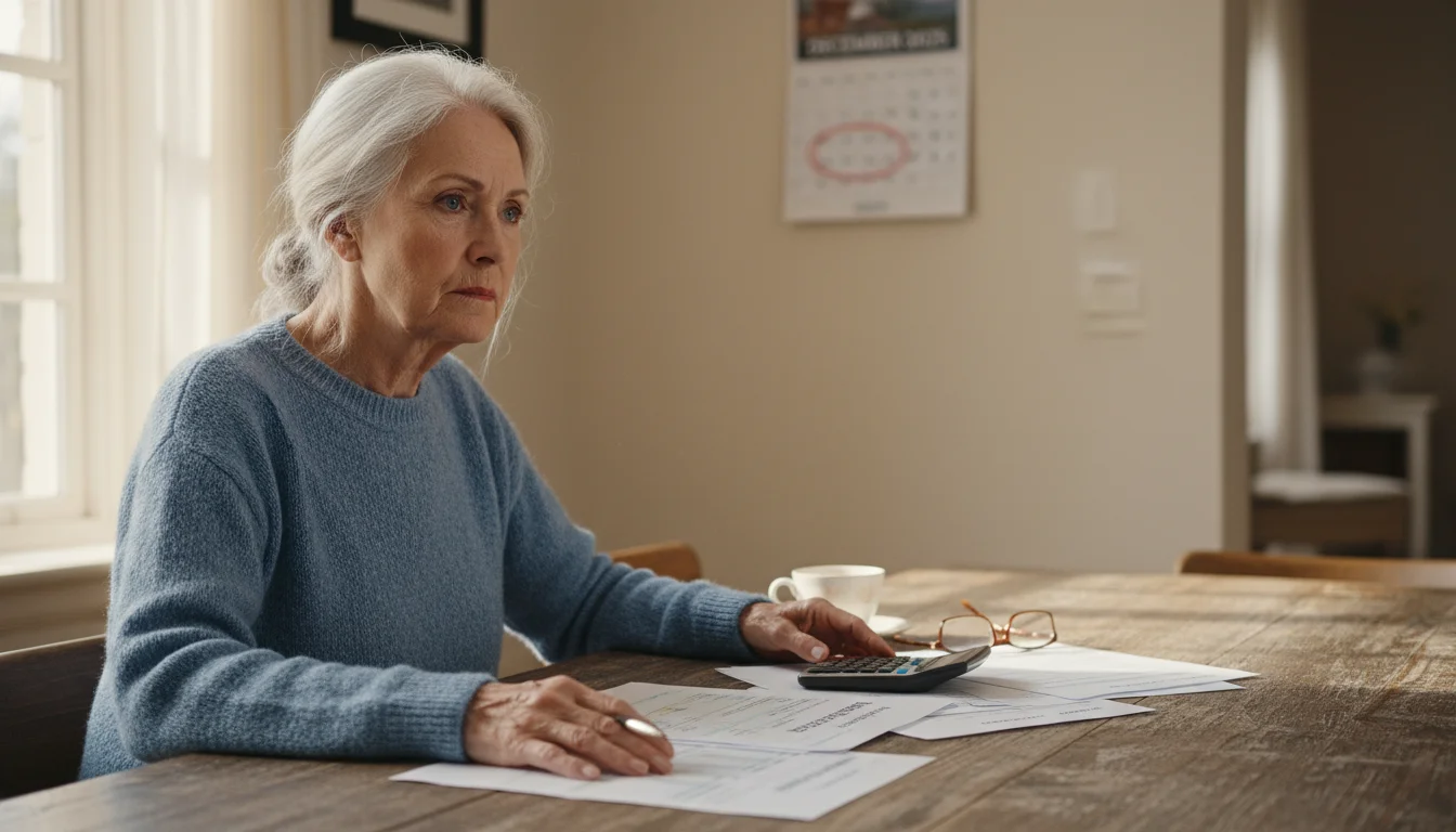 Older woman, late 70s, sits at a wooden table, looking contemplatively at financial papers. Her hand rests gently on a document. A calendar is blurred