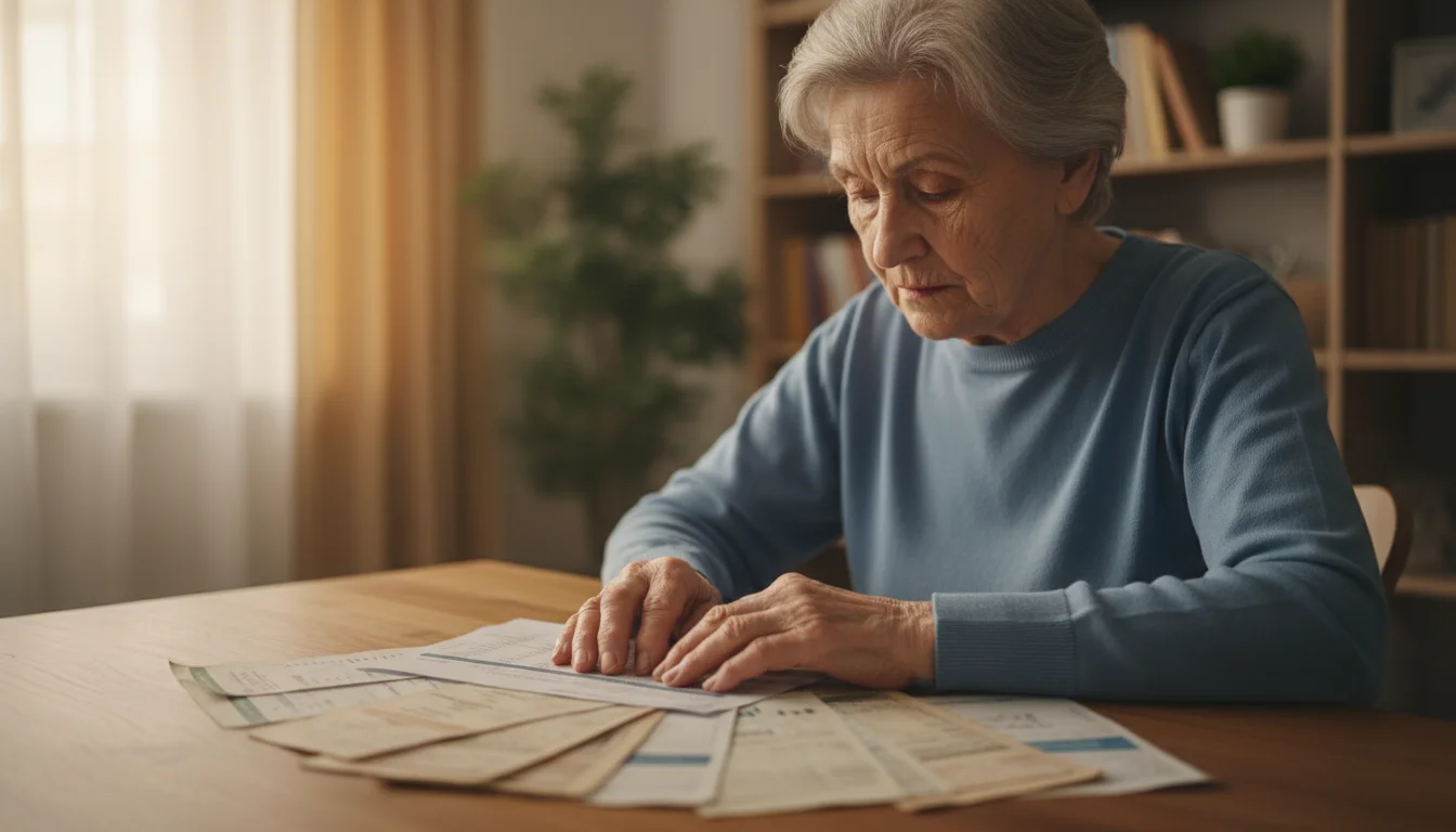 An older woman, late 70s, sits at a wooden table, intently reviewing financial documents with a thoughtful expression.