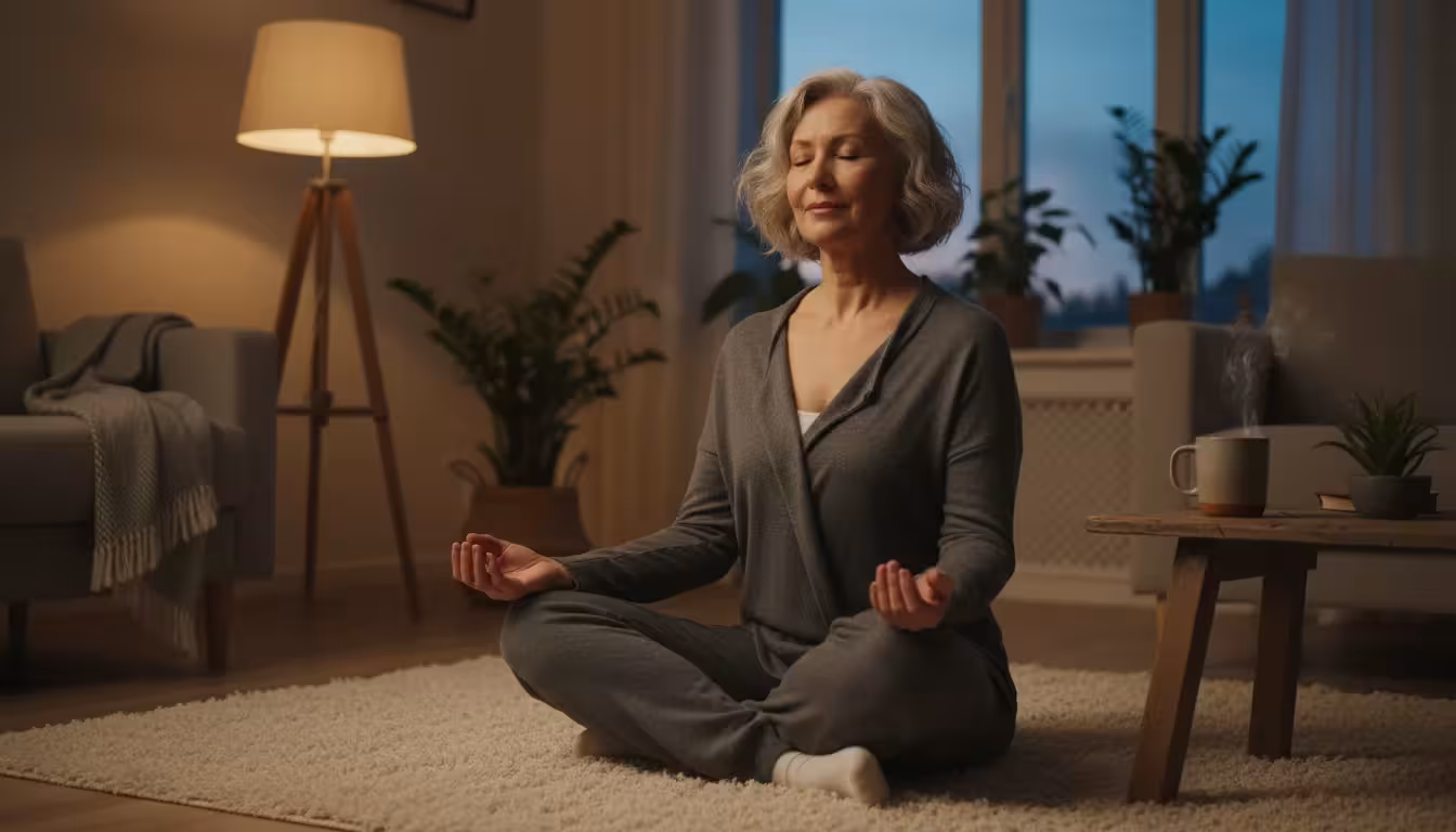Older woman, late 60s, sitting calmly in a softly lit living room, performing a gentle breathing exercise.