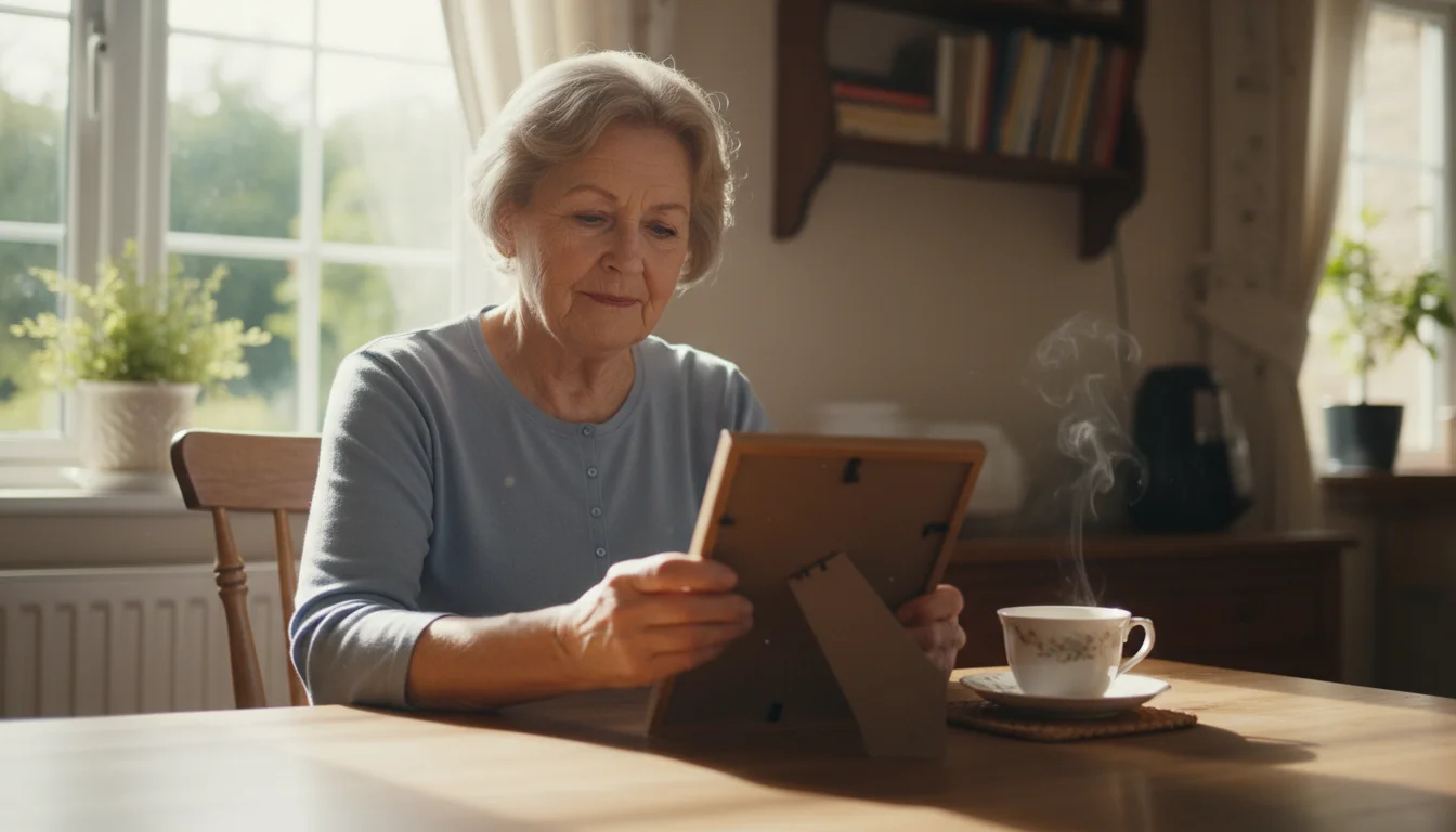 Older woman, late 70s, sitting at a kitchen table, thoughtfully holding a framed family photo in natural light.