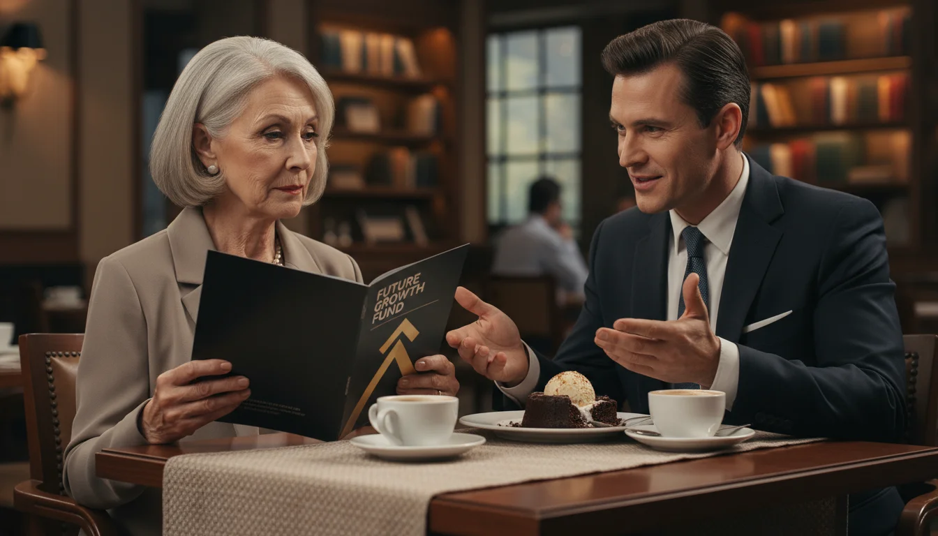 Older woman, late 60s, with a skeptical look, holds a glossy investment brochure at a seminar table. A slick salesperson gestures.