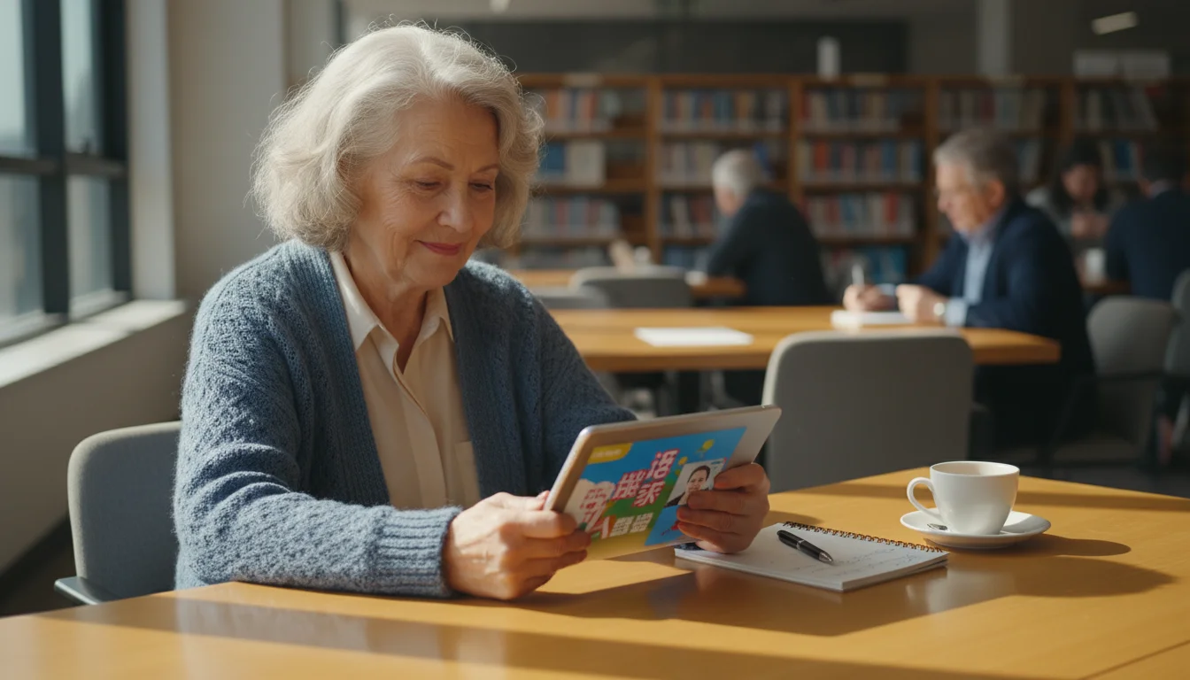 Older woman, late 60s, smiling gently while focused on a tablet with learning content, seated at a table in a sunlit library.