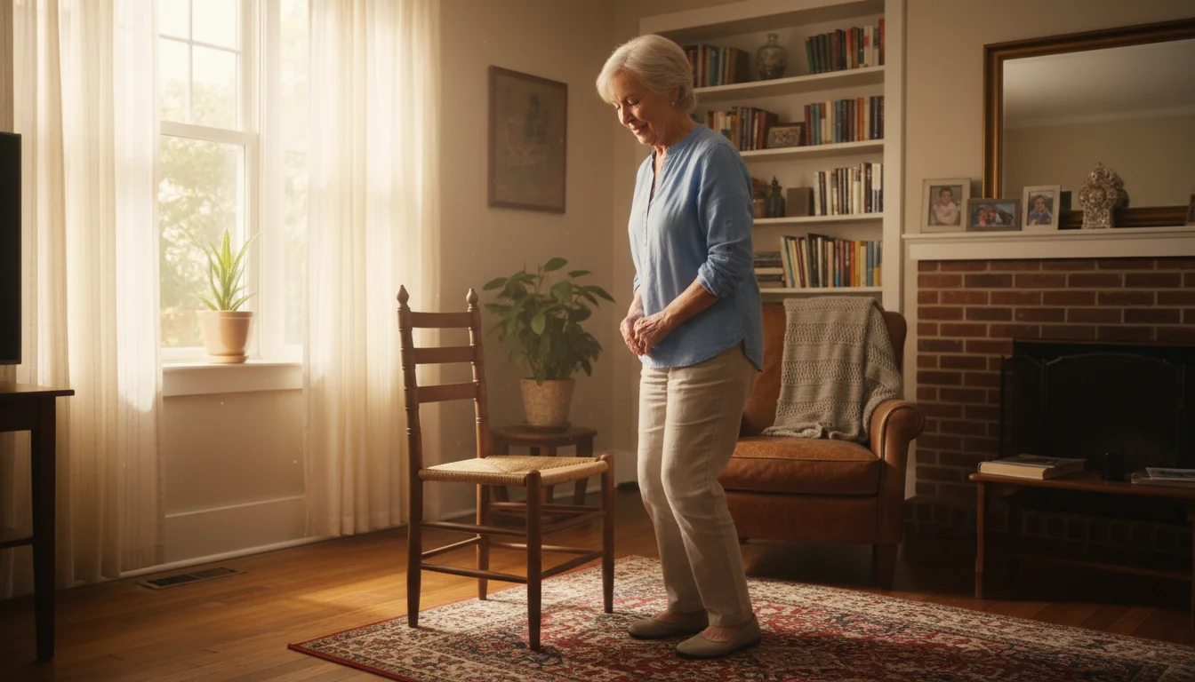 Older woman, late 70s, standing up slowly from a wooden chair in her living room, hands clasped, showing controlled movement.