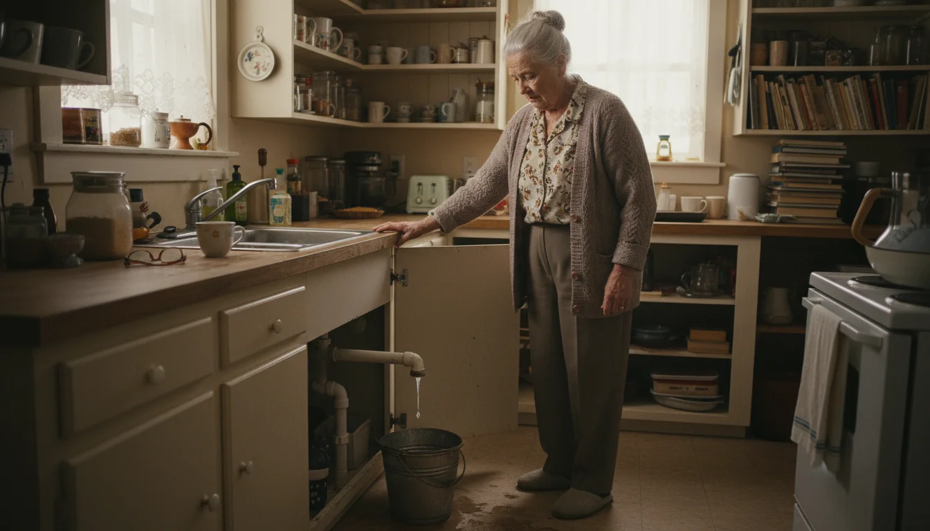 Older woman, late 70s, stands in her kitchen, looking with mild concern at a small water leak under the sink, near a notepad.