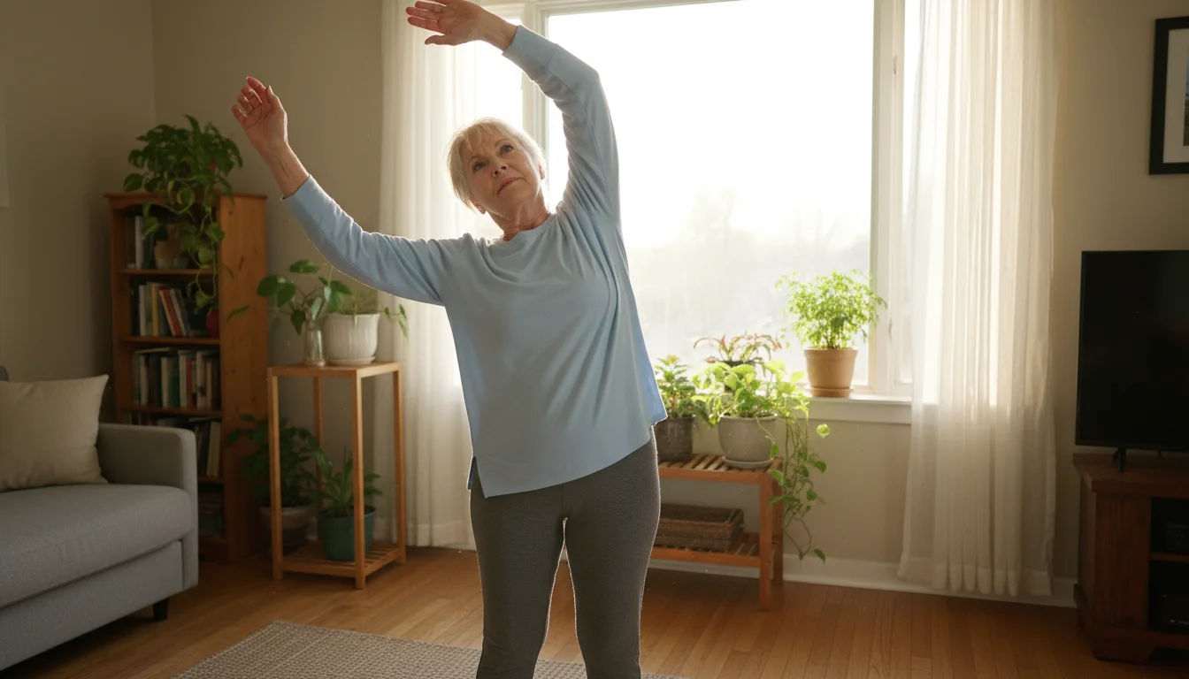 Older woman, late 60s, stretching her arms above her head by a large sunlit living room window. She wears comfortable clothes.