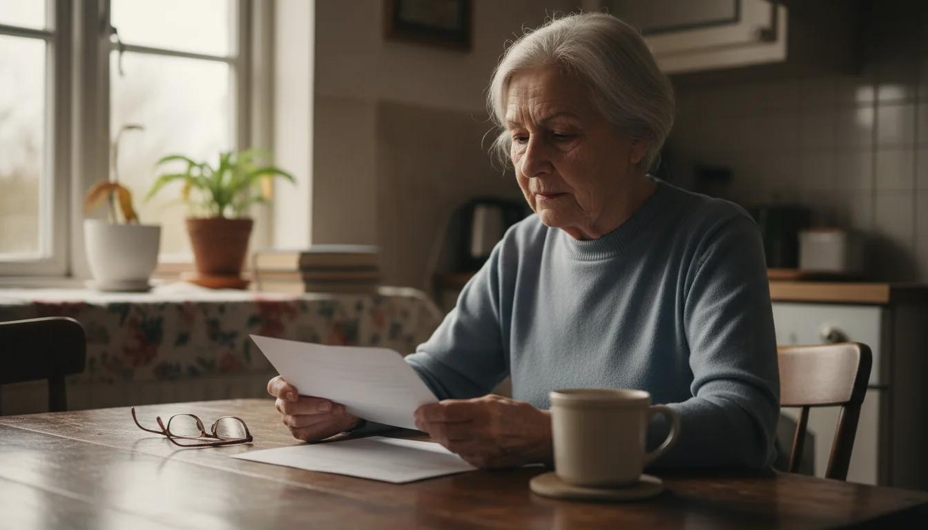An older woman, late 70s, with a thoughtful expression, holds and reads a piece of mail at her kitchen table with natural light.