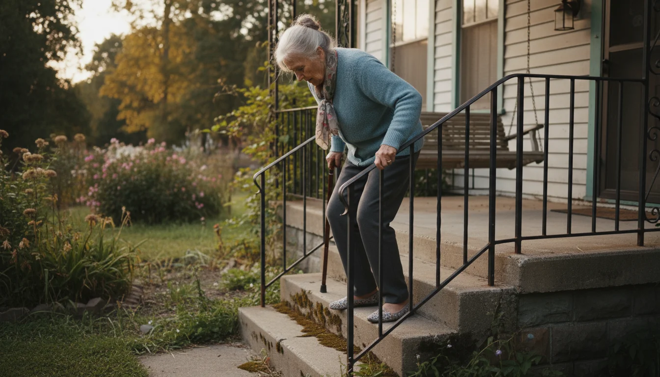 An older woman, late 70s, carefully walking down outdoor steps, holding a railing with one hand and looking at her feet.