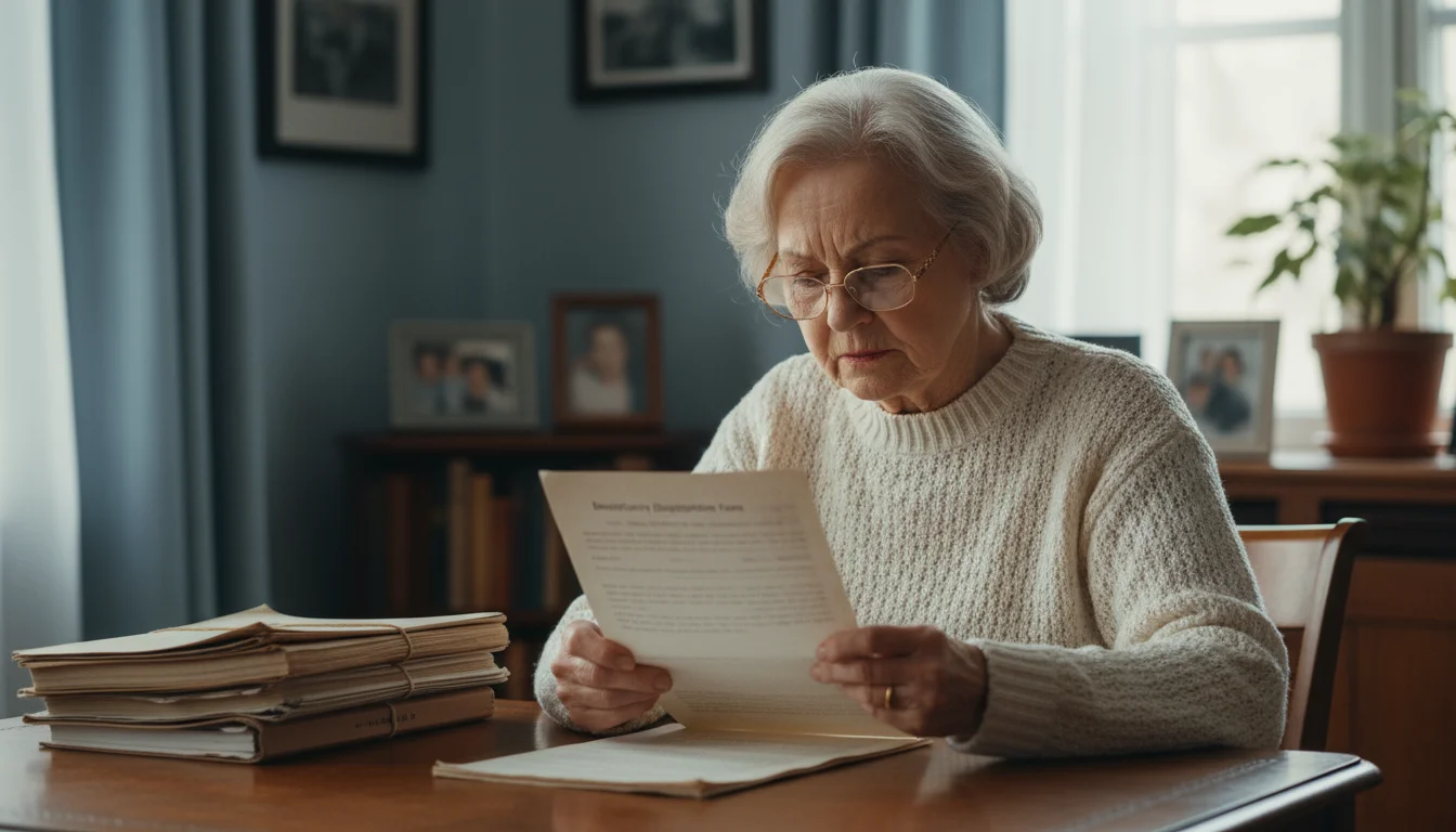 Older woman, late 70s, wearing glasses, intently reviews a faded beneficiary form at a wooden desk, with other documents nearby.