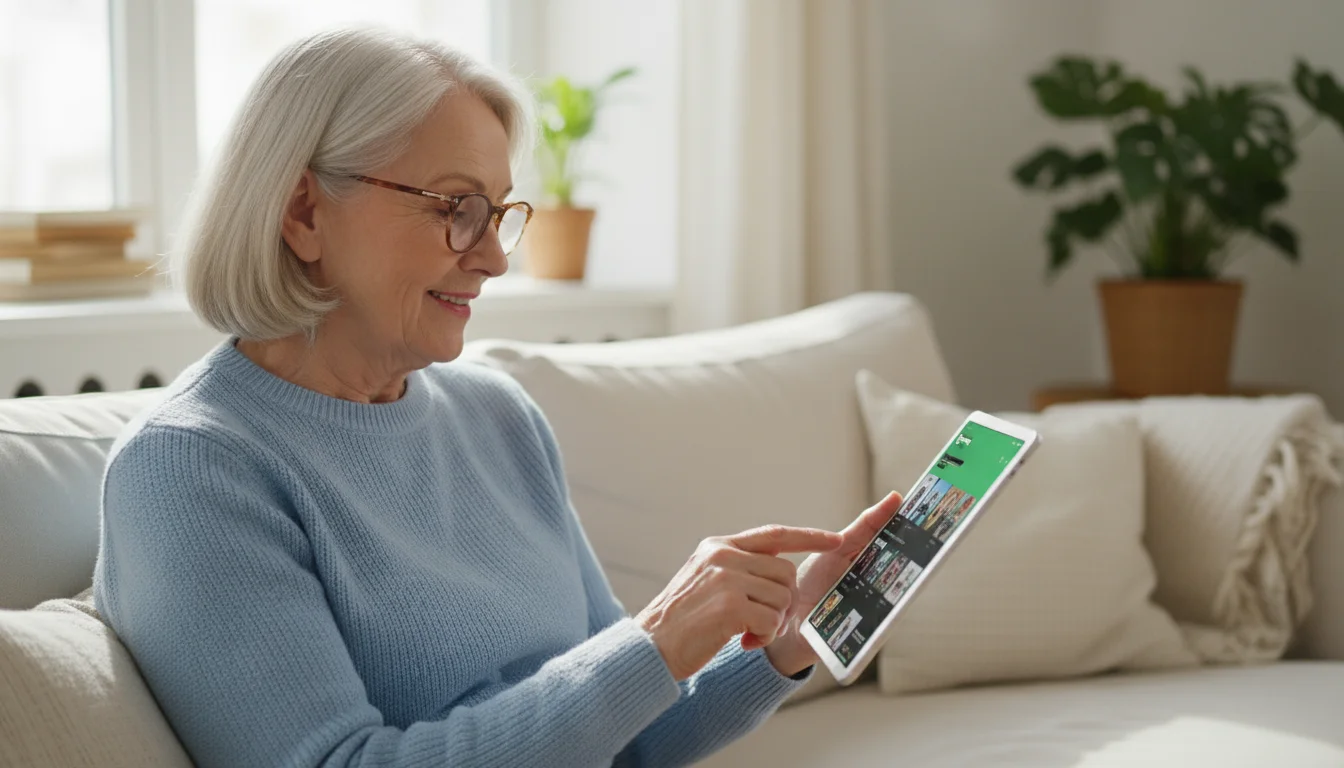 An older woman, late 70s, wearing glasses, sits on a sofa, gently tapping a tablet displaying Spotify. She has a soft, contented smile.