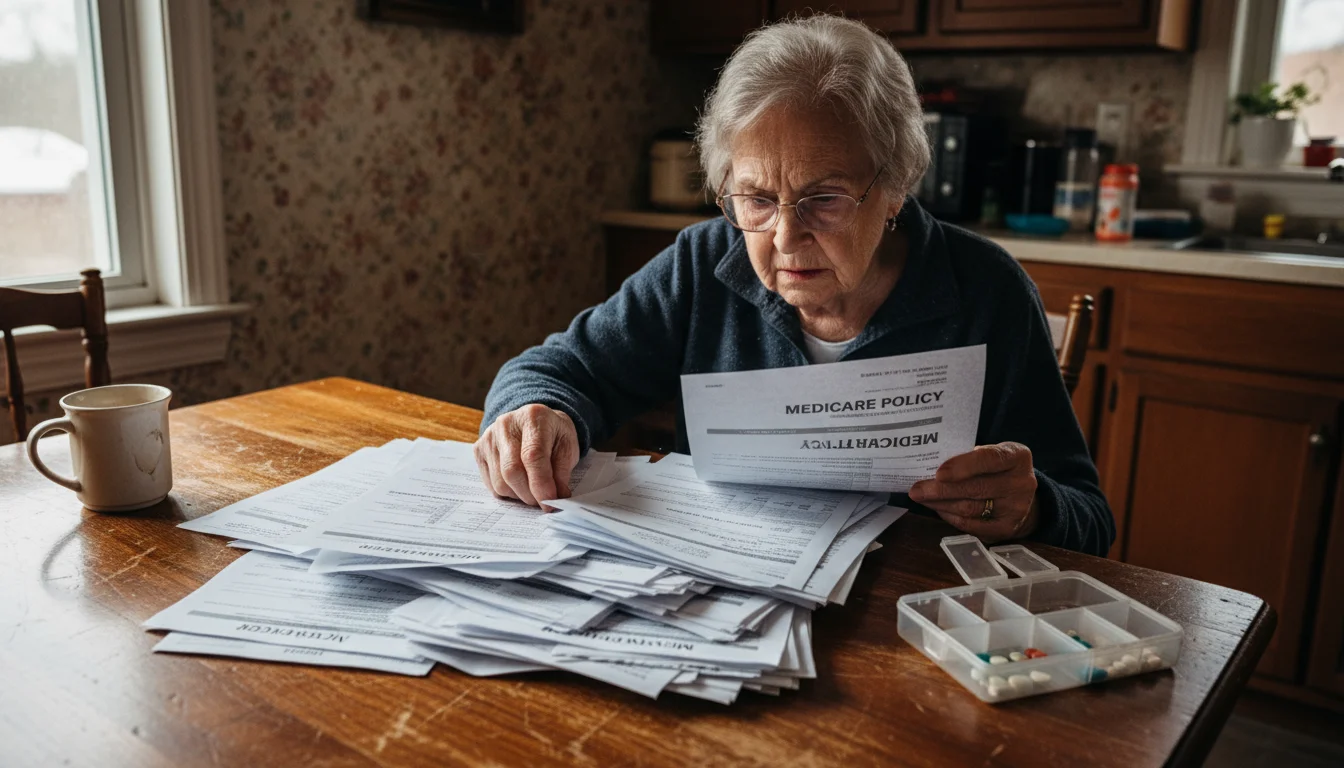 Older woman, late 70s, wearing reading glasses, looks confused while examining a stack of insurance documents and a Medicare policy paper on a kitchen