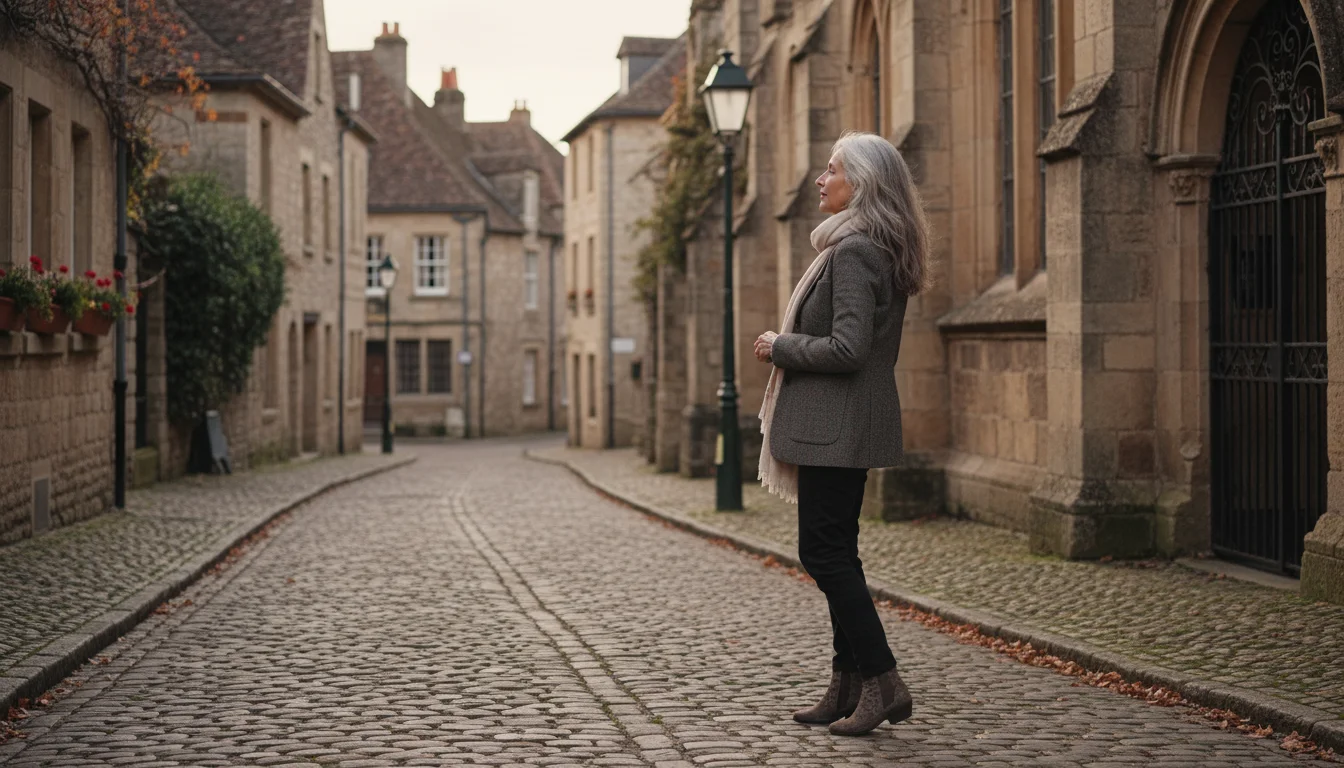 Older woman in a layered outfit stands on a quiet cobblestone street in a historic European town during late afternoon, looking contemplatively down t