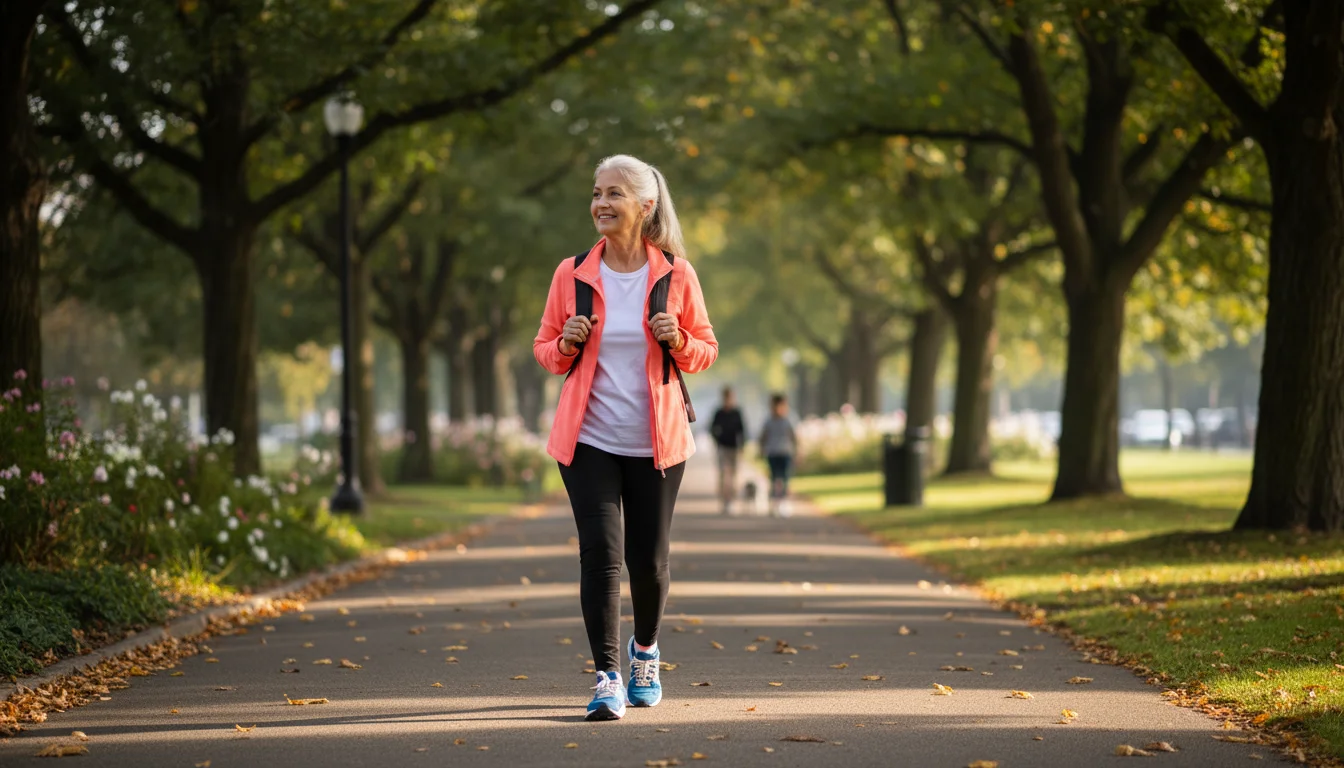 An older woman in a light jacket and athletic wear walks briskly on a tree-lined paved path in a park on a sunny morning.