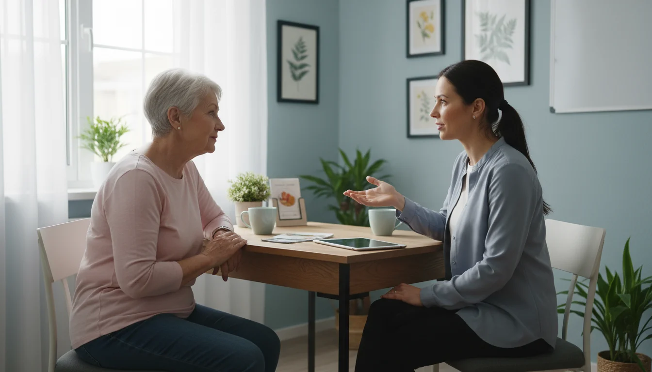 An older woman listening attentively to a female registered dietitian during a consultation.