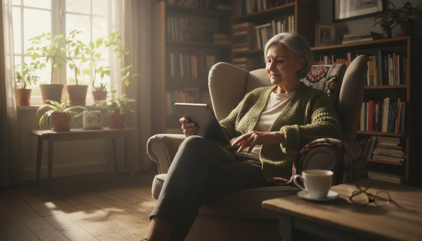 Older woman (70s) in a living room armchair holding a tablet for a video call, smiling gently.