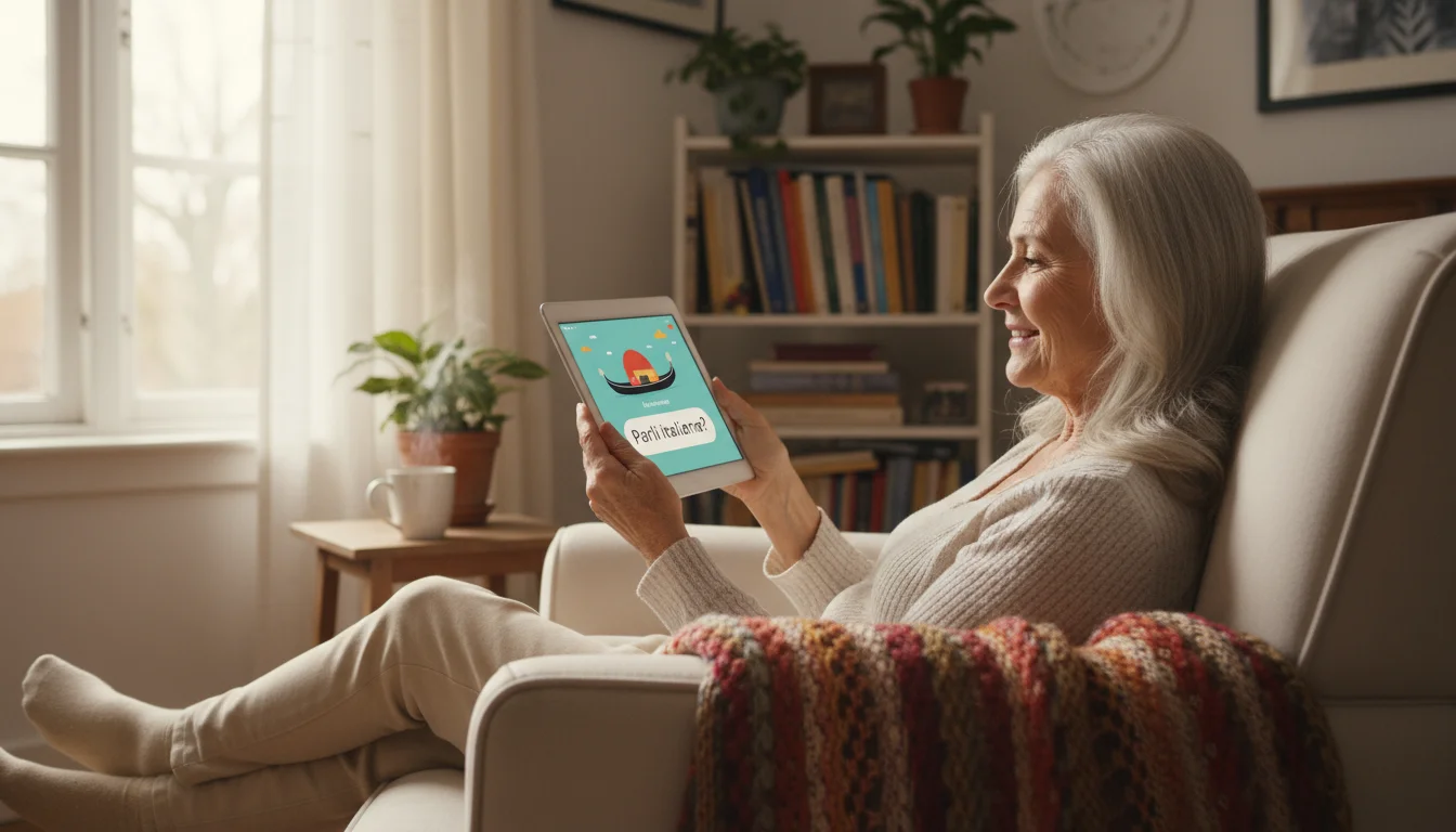 An older woman in a living room chair happily uses a tablet to learn a new language, showing an Italian phrase on screen.