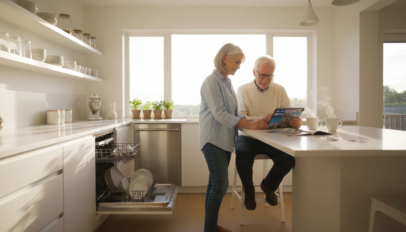 An older woman loads a new dishwasher in a sunny kitchen while her husband browses travel plans on a tablet.