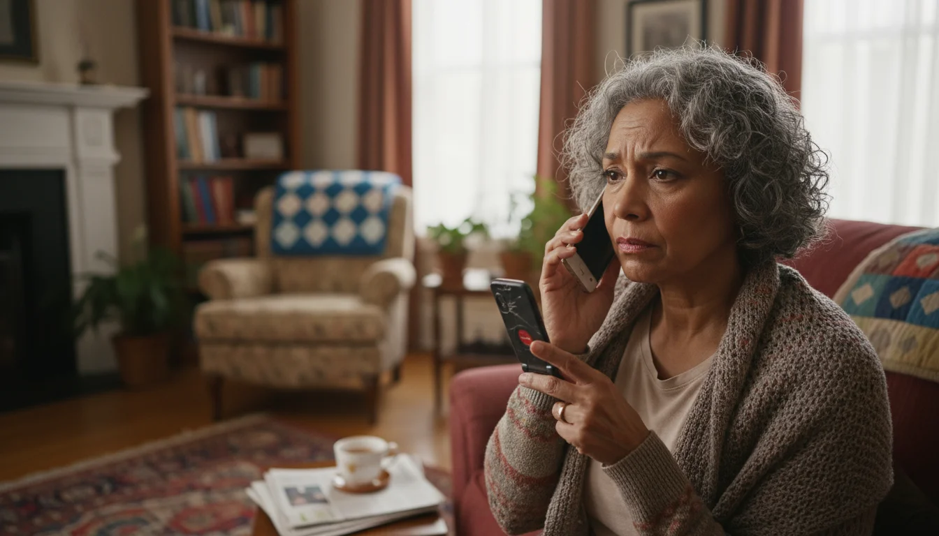 An older woman looks cautiously at her phone, her finger hovering over the end call button while seated in her living room.