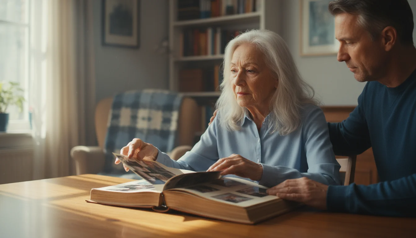 An older woman looks thoughtfully at a photo album with a supportive man next to her.