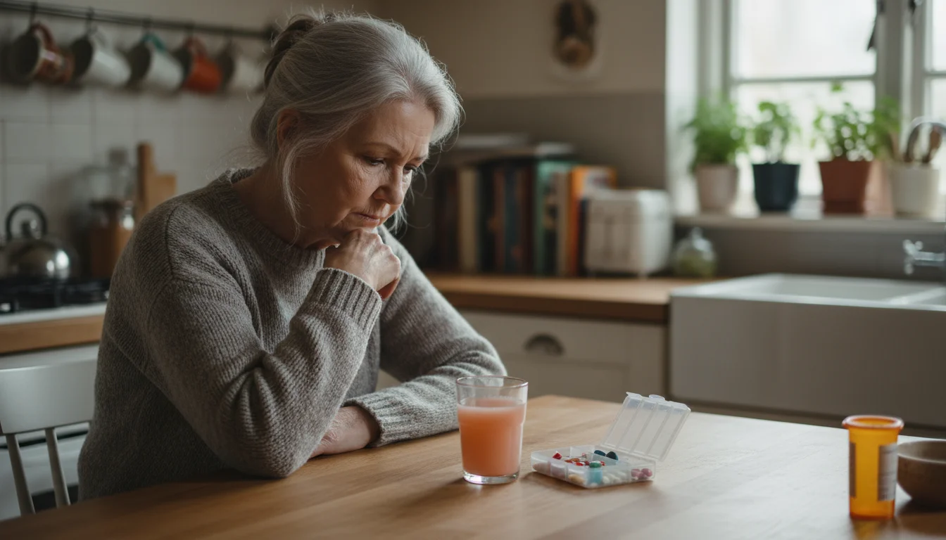 An older woman looks thoughtfully at grapefruit juice, a pill organizer, and a prescription bottle on a kitchen counter.