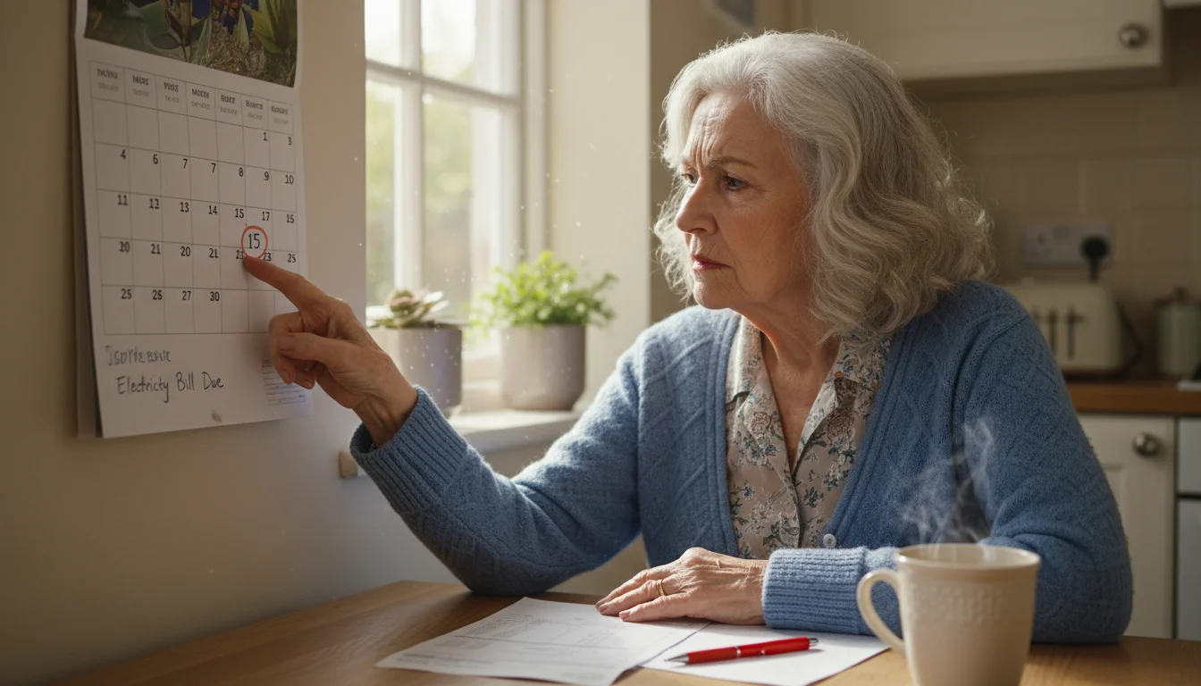 An older woman looks at a wall calendar, her finger tapping a past date circled in red, next to financial papers on a table.