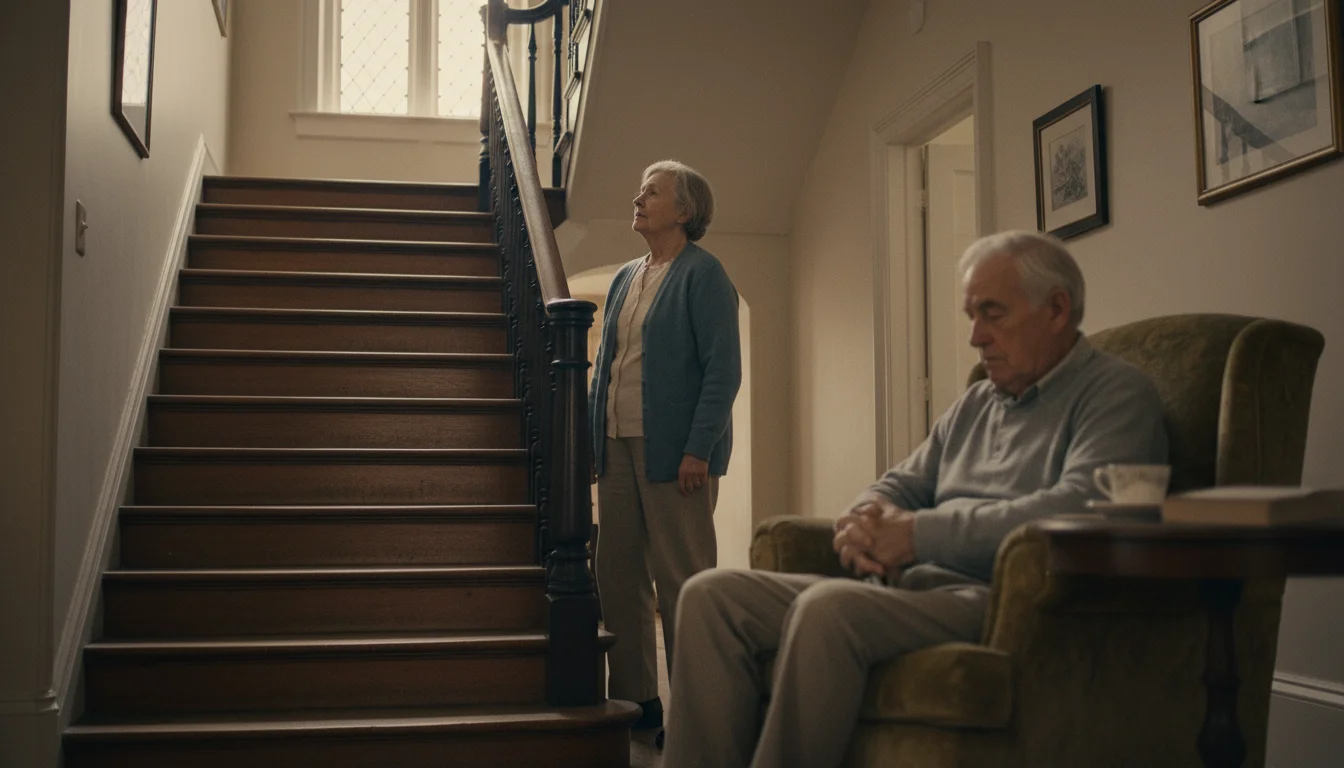 An older woman looks wearily up a grand staircase in a quiet, large home while an older man sits thoughtfully nearby.