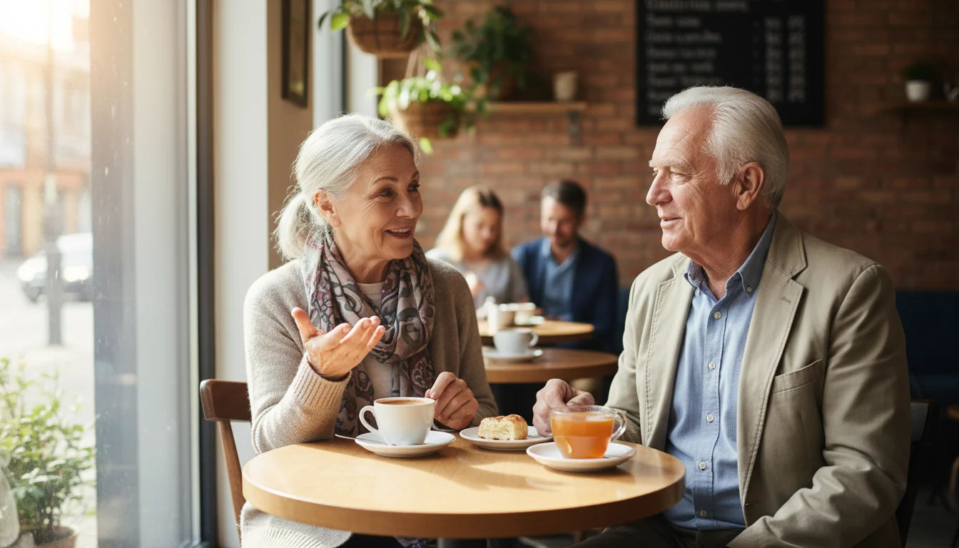 An older woman and man share a casual coffee date in a bright cafe, engaged in conversation, reflecting a low-stakes first meeting.