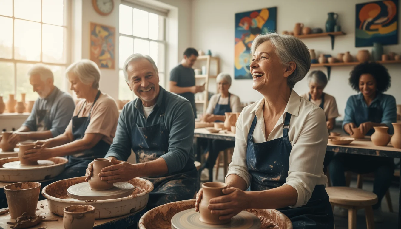 Older woman and man smiling while making pottery in a vibrant community workshop, surrounded by other seniors.