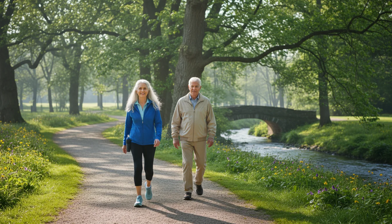 An older woman and man, in their 70s, walking briskly on a sunny park path lined with trees and autumn leaves.