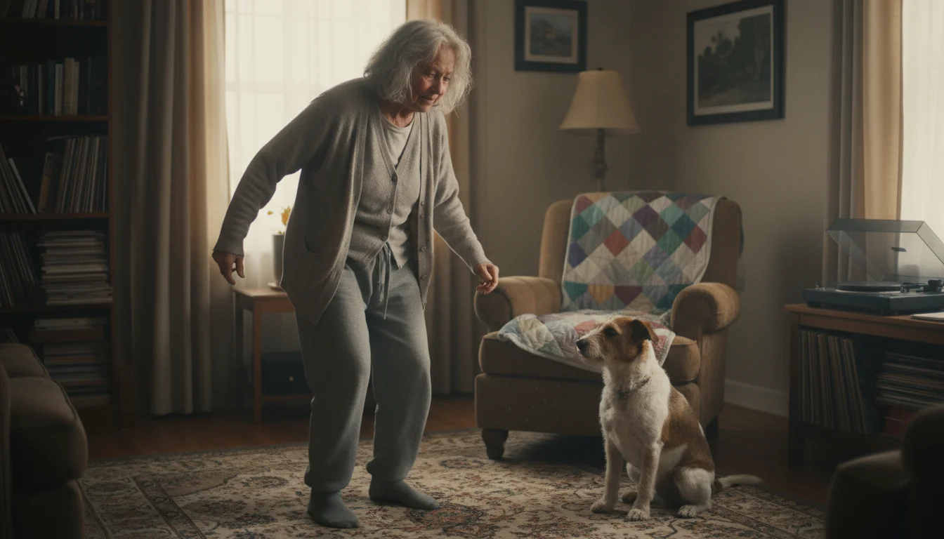 An older woman marches awkwardly in her living room while her dog looks on, confused. She looks determined.