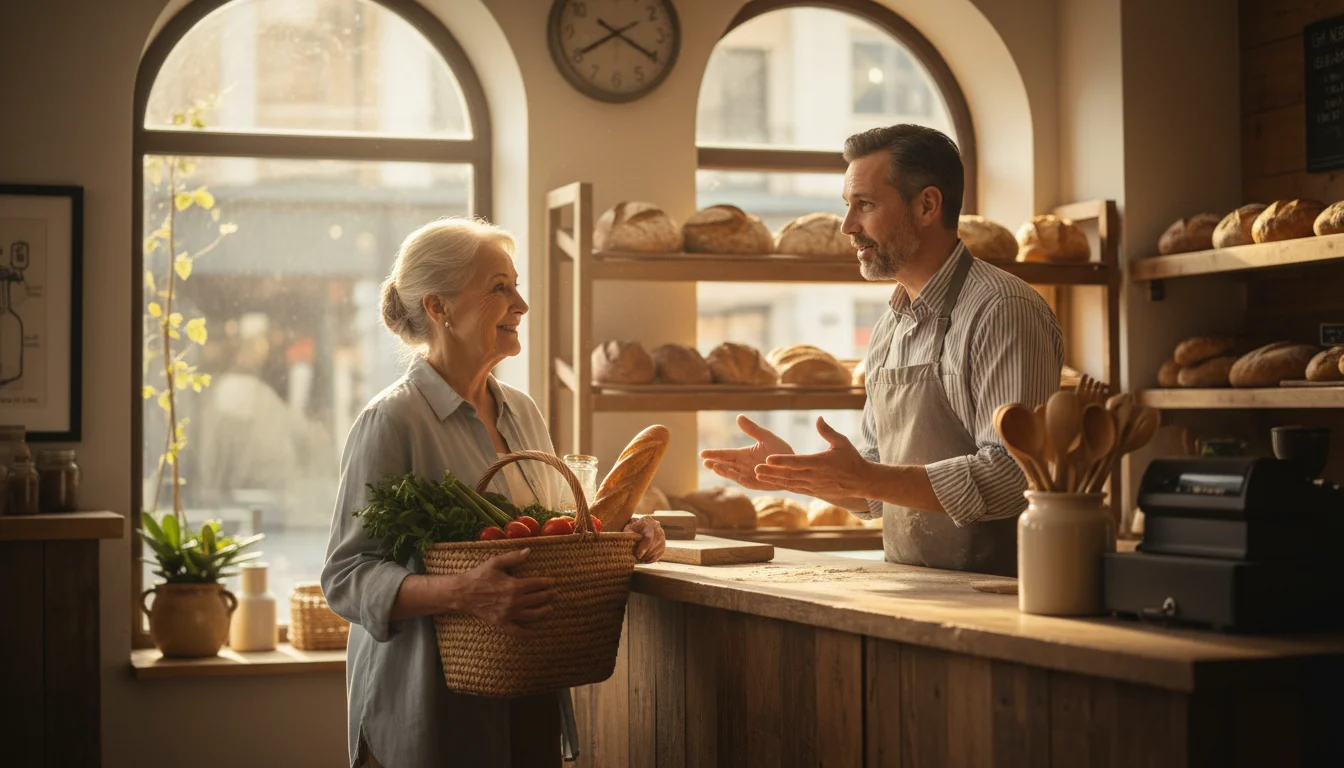 An older woman with a market basket and baguette chats with a local baker in a cozy, sunlit bakery.