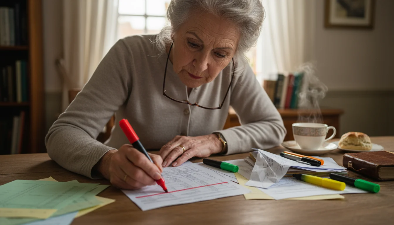 Older woman marking financial statements with a red highlighter, surrounded by papers, green and yellow highlighters, and a coffee mug.