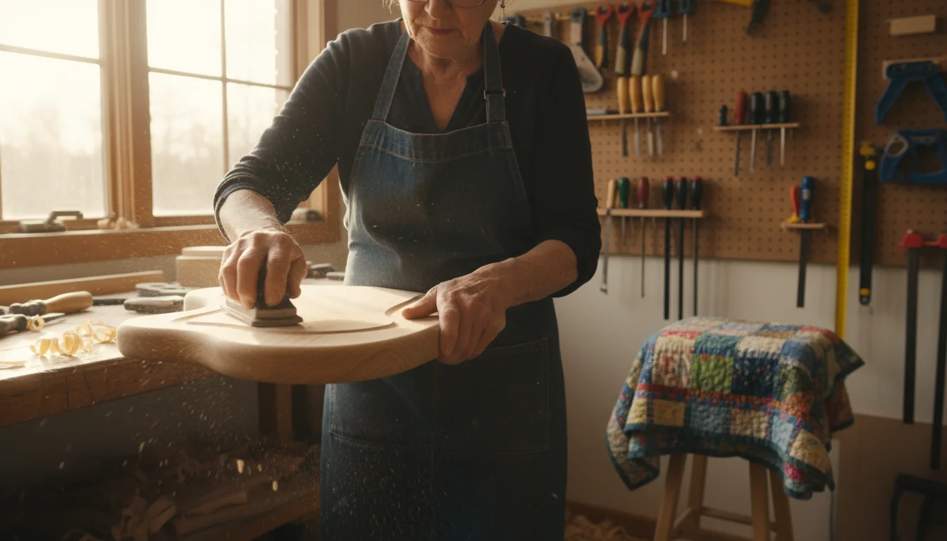 An older woman meticulously sands a wooden cutting board in a sunlit home workshop, a quilt visible in the background.