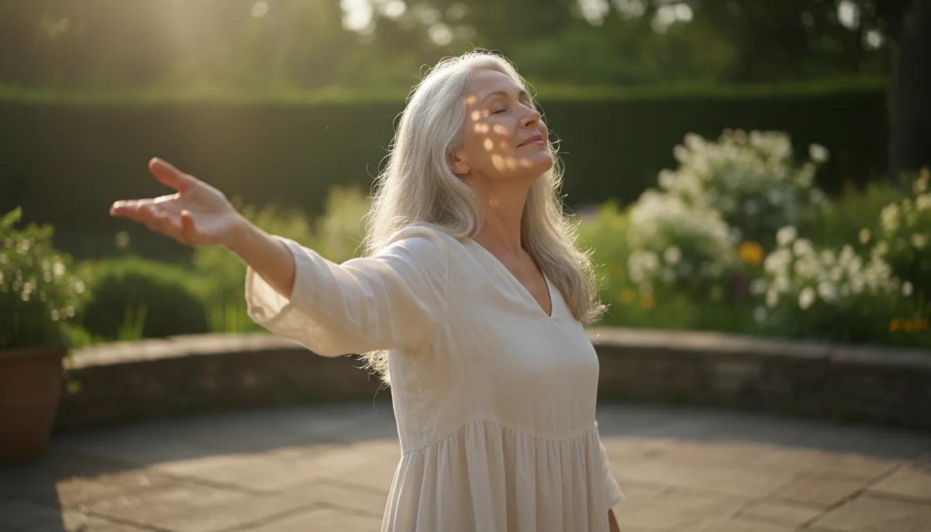 Older woman, mid-70s, eyes closed, face tilted towards the sun, feeling its warmth on an outdoor patio.