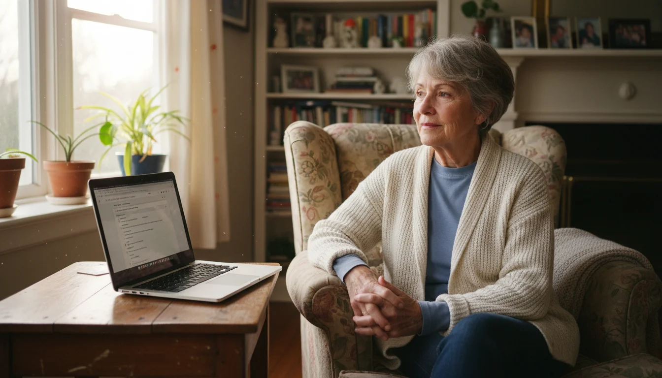 Older woman, mid-60s, with grey hair, sits in an armchair looking thoughtfully at a laptop screen showing 'how to make a will' search results. A legal