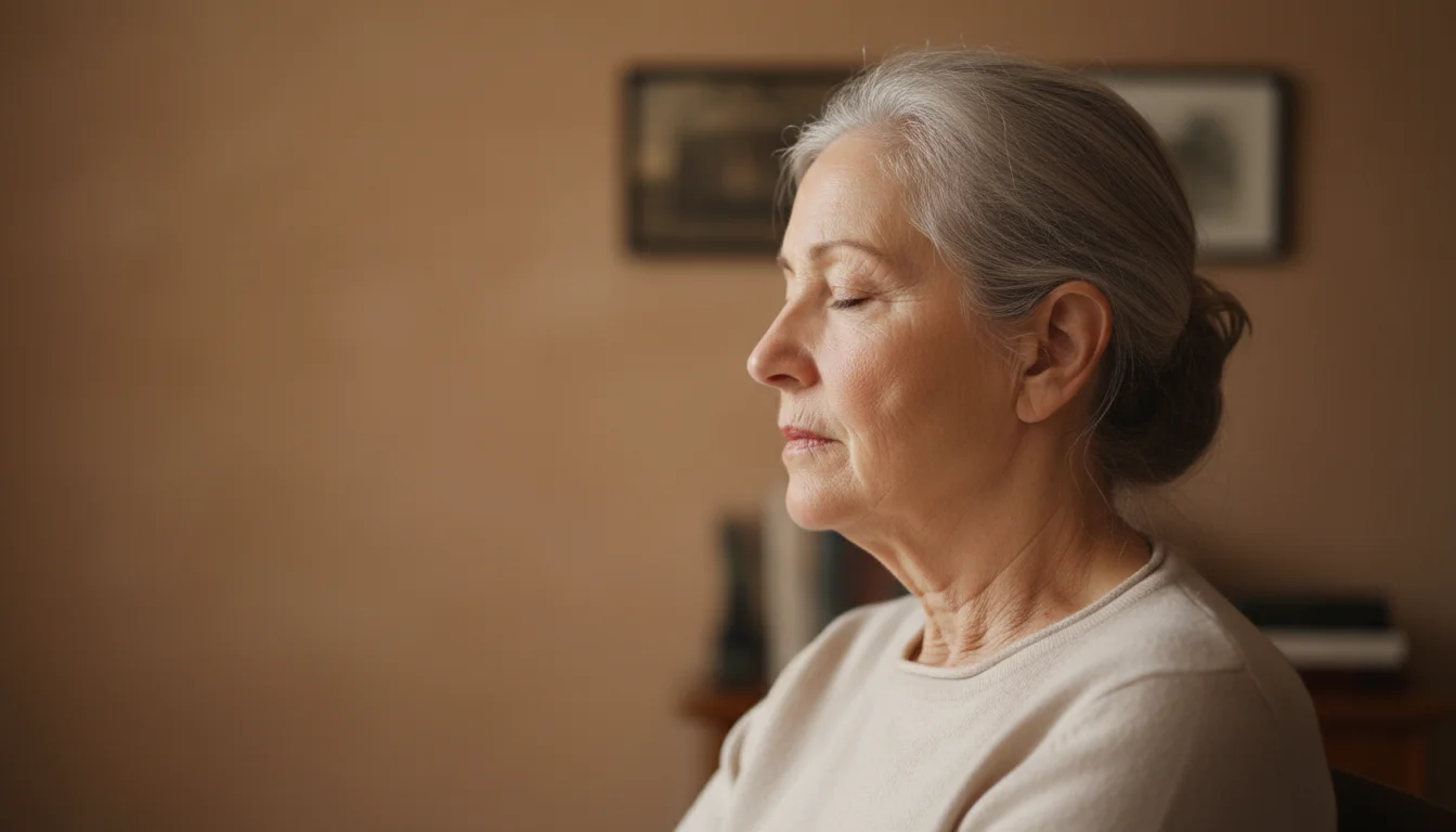Older woman, mid-70s, in profile, eyes closed, serene expression, lit by soft window light against a blurred background.