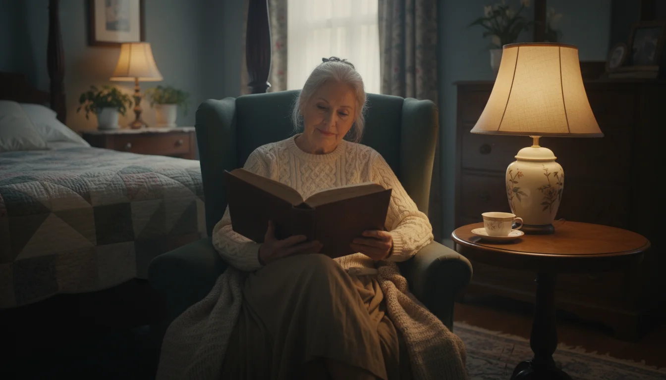 An older woman, mid-70s, reads a hardcover book in a dimly lit, cozy bedroom, preparing for sleep.