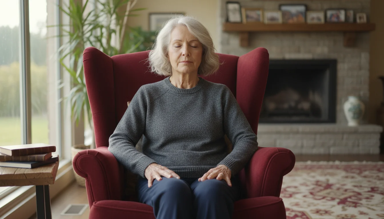 An older woman, mid-70s, with short gray hair, sits calmly in an armchair by a window, eyes closed, hands in lap.