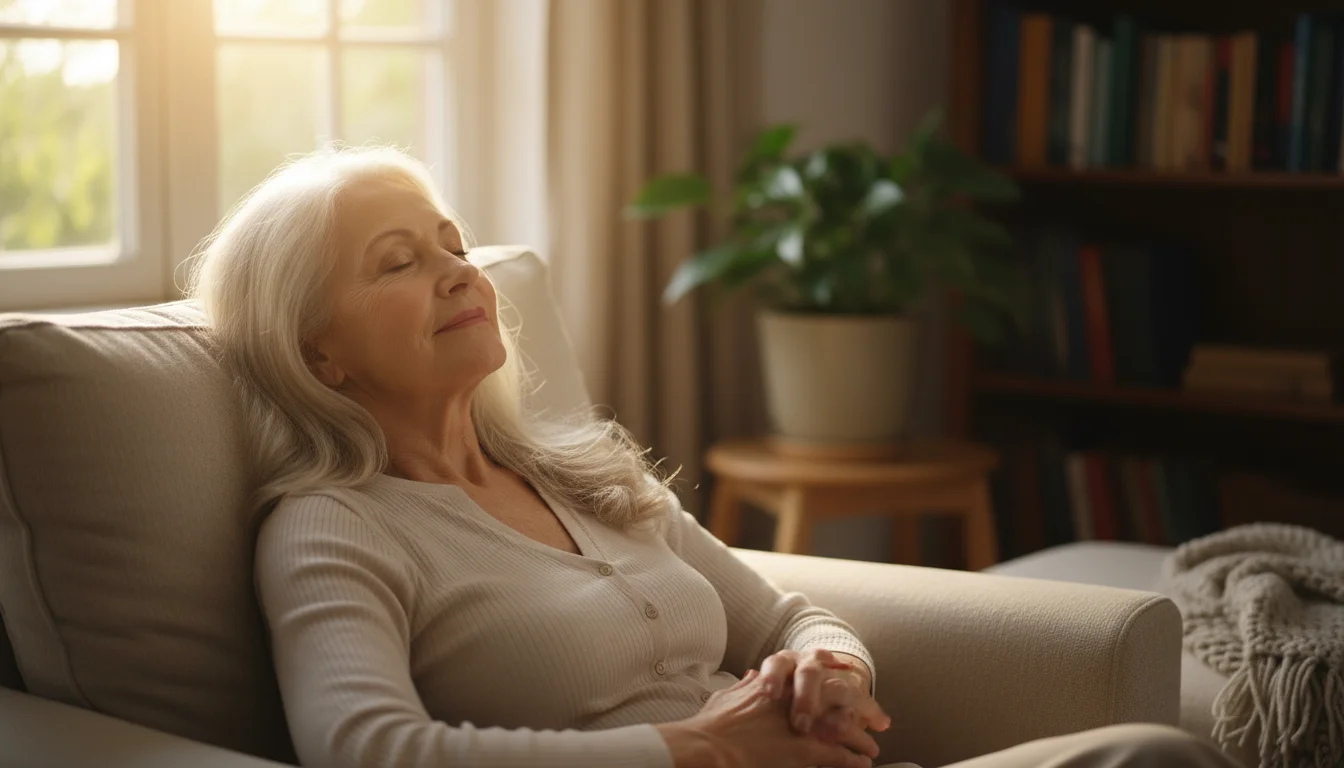 Older woman, mid-70s, with silver hair, sits deeply relaxed in a plush armchair, eyes softly closed, hands resting calmly in her lap.