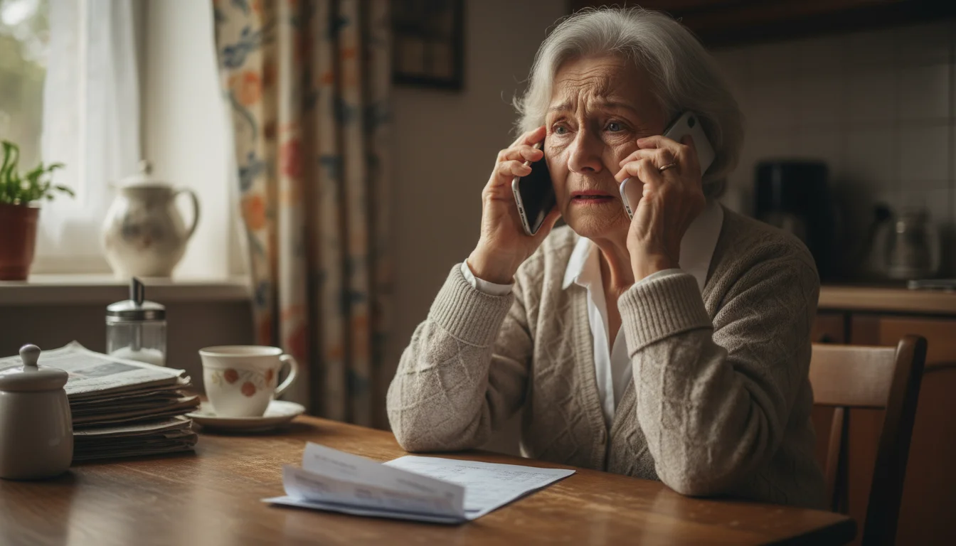 An older woman, mid-70s, sits alone at a kitchen table, looking deeply distressed with tears in her eyes, holding a phone to her ear. She clutches a c