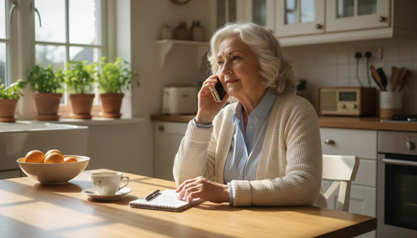 An older woman, mid-70s, sits at a kitchen table, calmly talking on a cordless phone with a notepad and pen nearby.