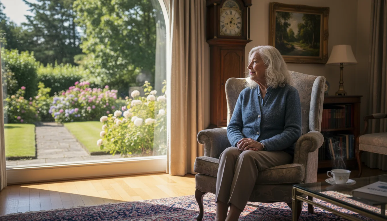 Older woman, mid-70s, sits in a living room, looking out a window at her established garden with a thoughtful expression.