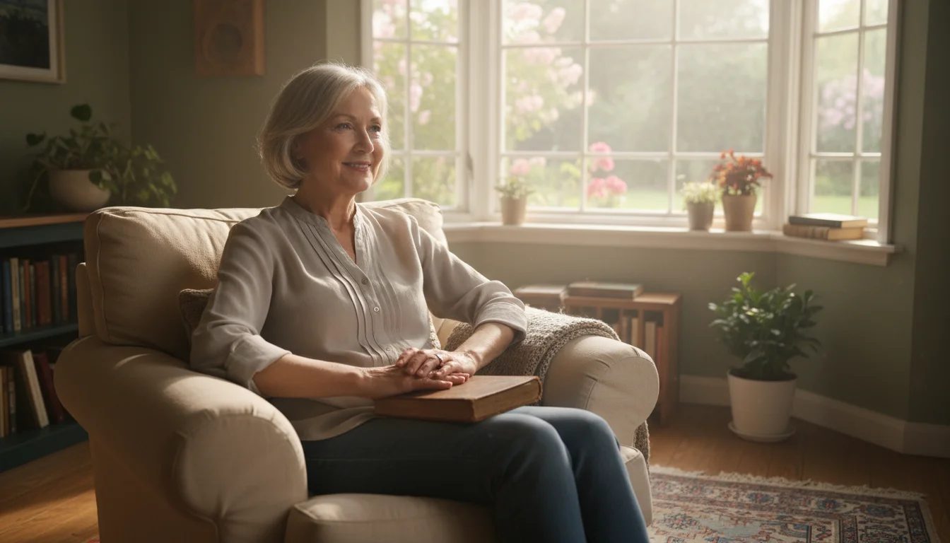 An older woman, mid-60s, sits in a sunlit armchair by a window, hands clasped, looking out with a content and peaceful expression.