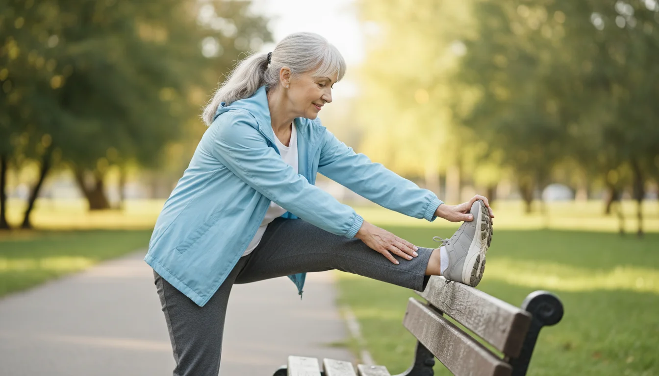An older woman, mid-70s, stretches her right leg on a wooden park bench, leaning forward with her hands on her shin. She wears comfortable walking clo