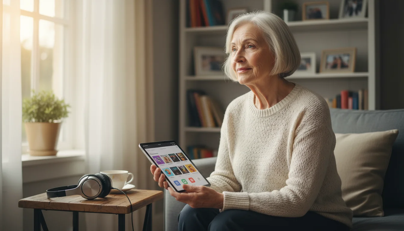 An older woman, mid-70s, in a sunlit living room, thoughtfully contemplating music choices on a tablet with headphones.