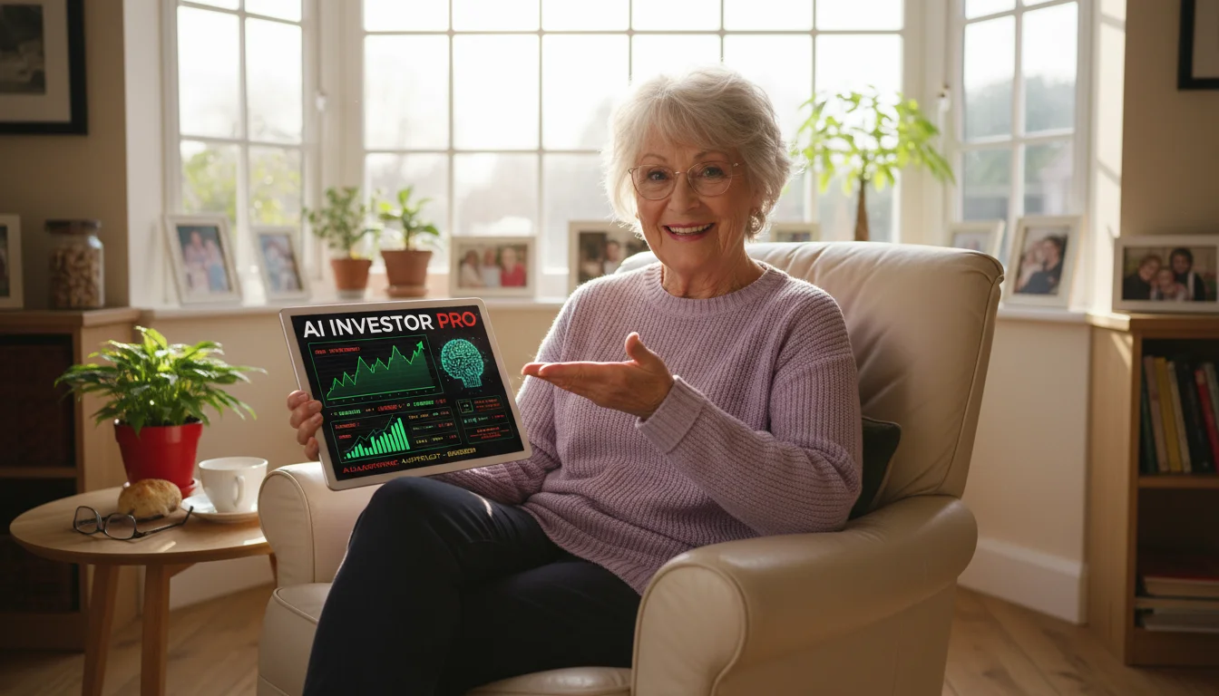 Older woman, mid-70s, thoughtfully scrutinizing a tablet displaying a flashy 'AI trading' platform promising guaranteed high returns.