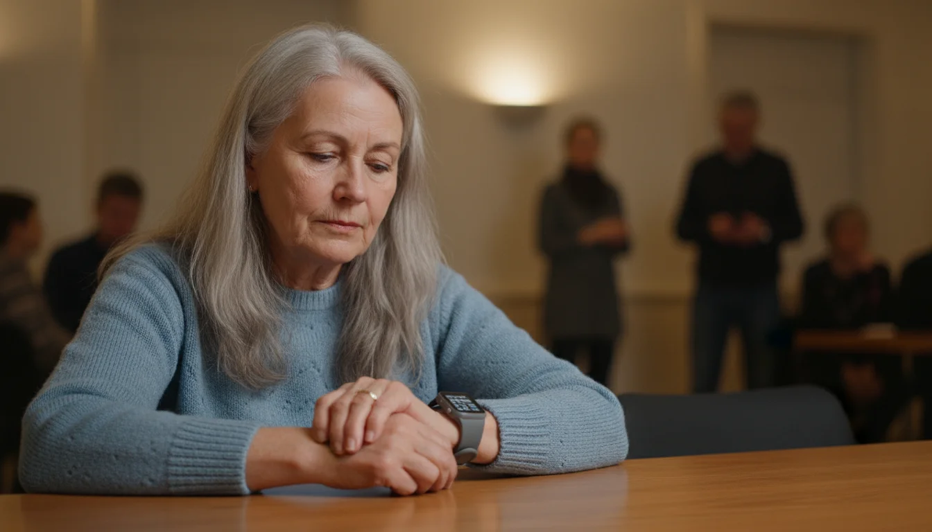 An older woman, mid-70s, wearing a smartwatch, subtly checks information on her wrist during a community gathering.