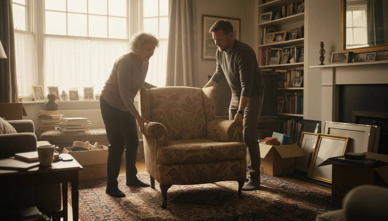 An older woman and a middle-aged man work together to slide an armchair across a living room floor during organization.