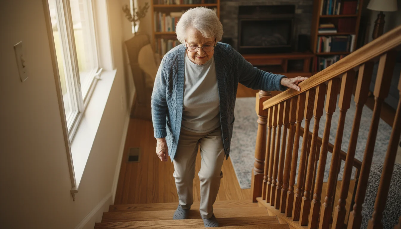 Older woman in new progressive glasses carefully walks down two stairs at home, holding a banister and looking at her steps.